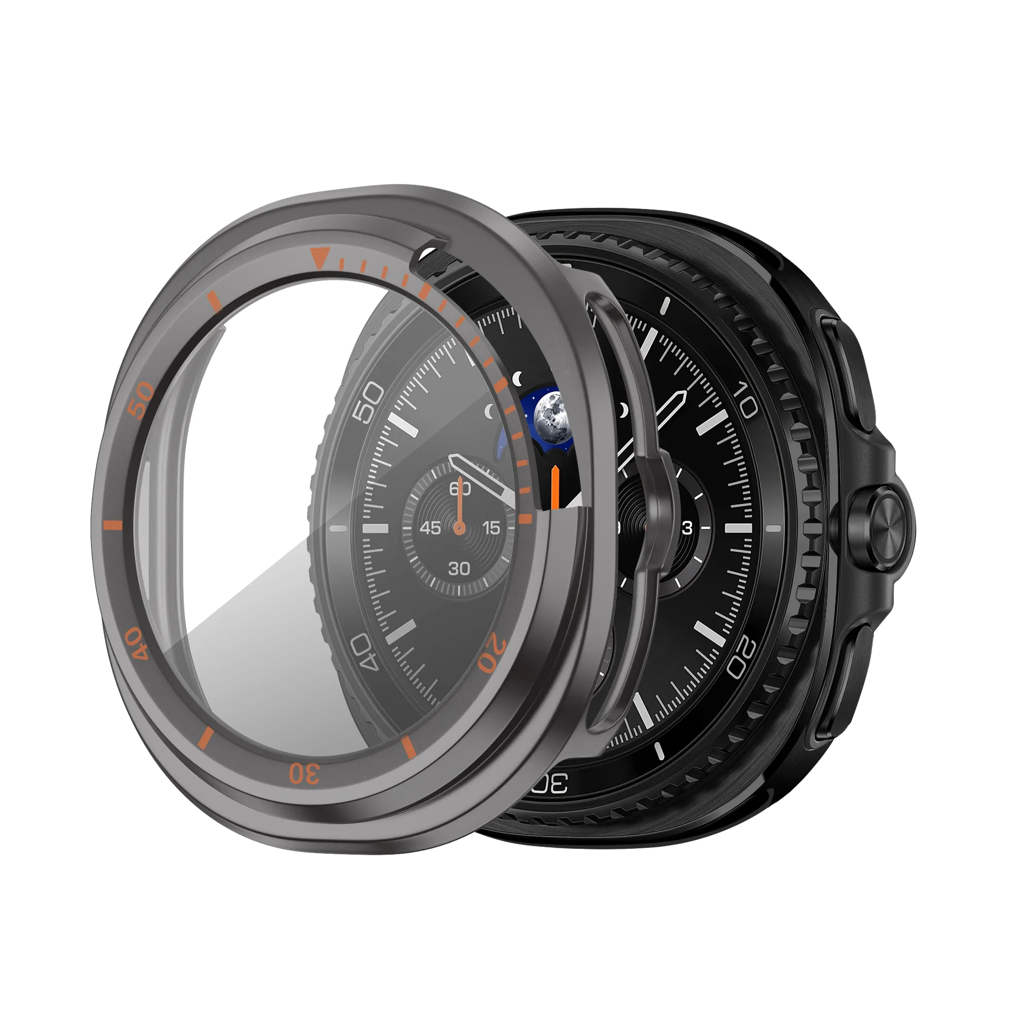 students Universal Size Bandz Samsung Galaxy Watch 8 Classic Bezel Cover with Glass (Titanium Grey/Orange)