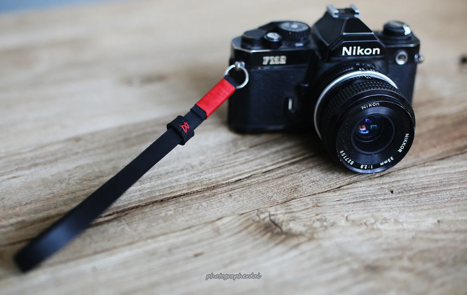 Black handmade leather camera wrist strap band Red | windmup.com Phone Daily Use Travel Ready