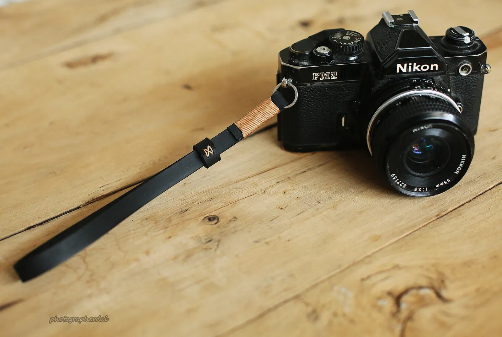 Black leather handmade camera wrist strap band khaki | windmup.com Shoulder Strap