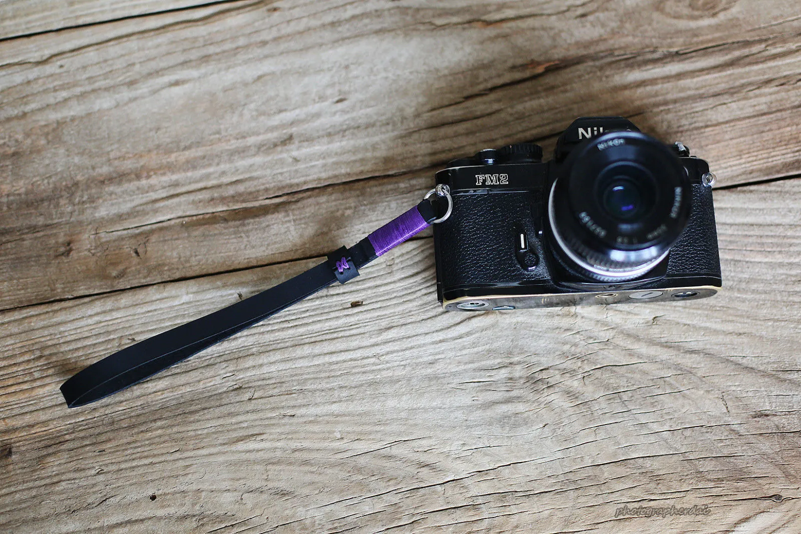 Stylish Design Black leather handmade camera wrist strap band violet | windmup.com