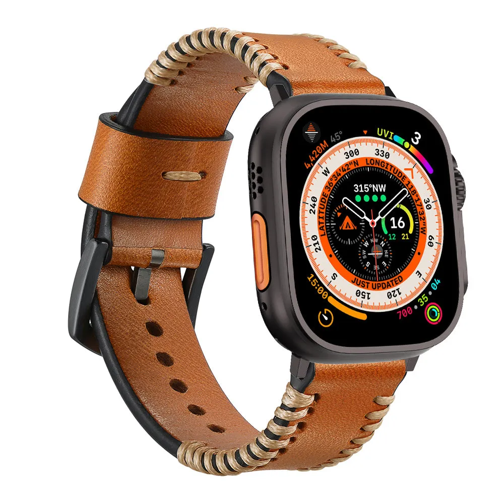 Apple Watch Stitched Leather Strap (Brown) Elegant Band Outdoor Adventure Accessory