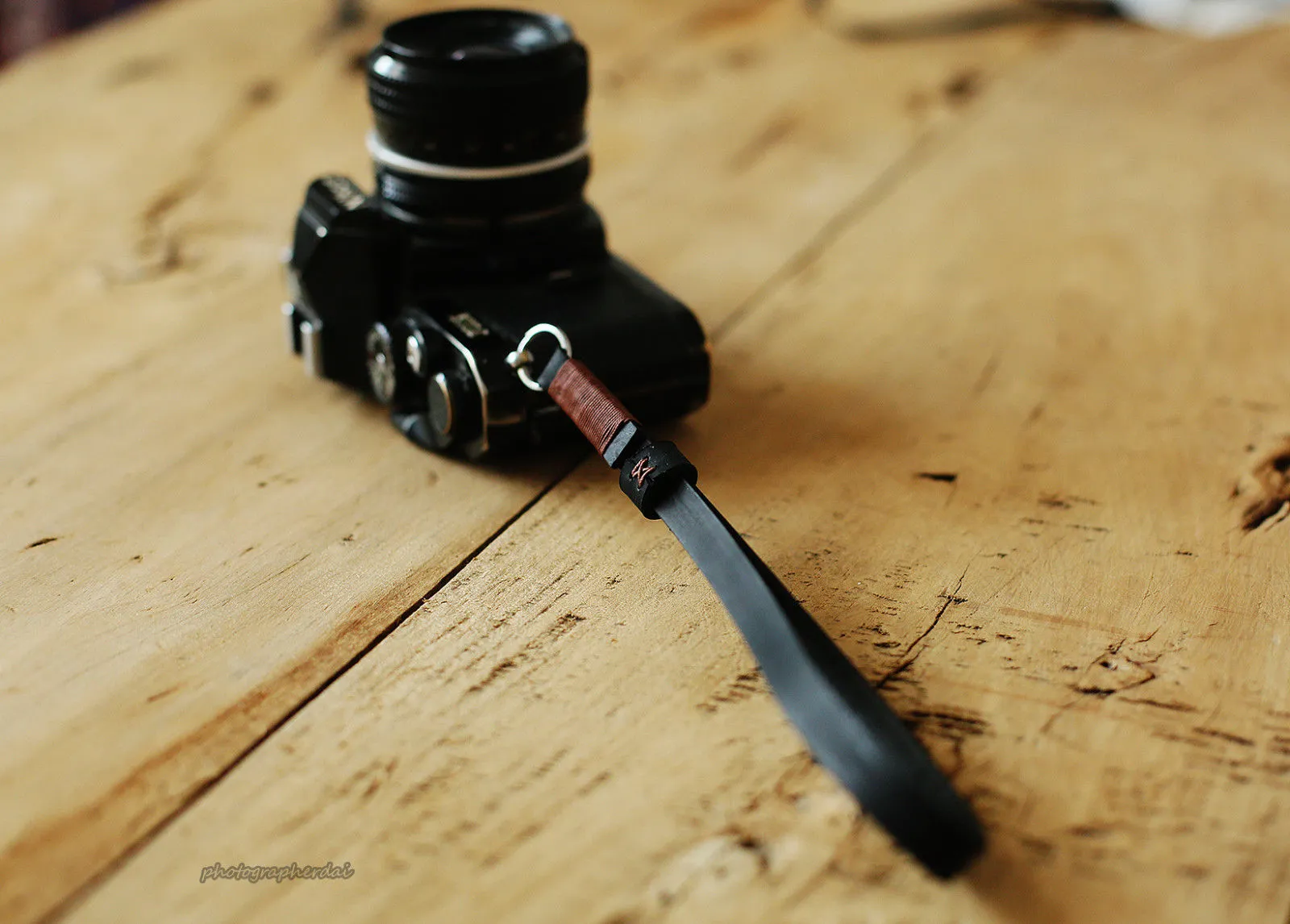 Black leather handmade camera wrist strap band coffee | Windmup.com Mobile Device Accessory