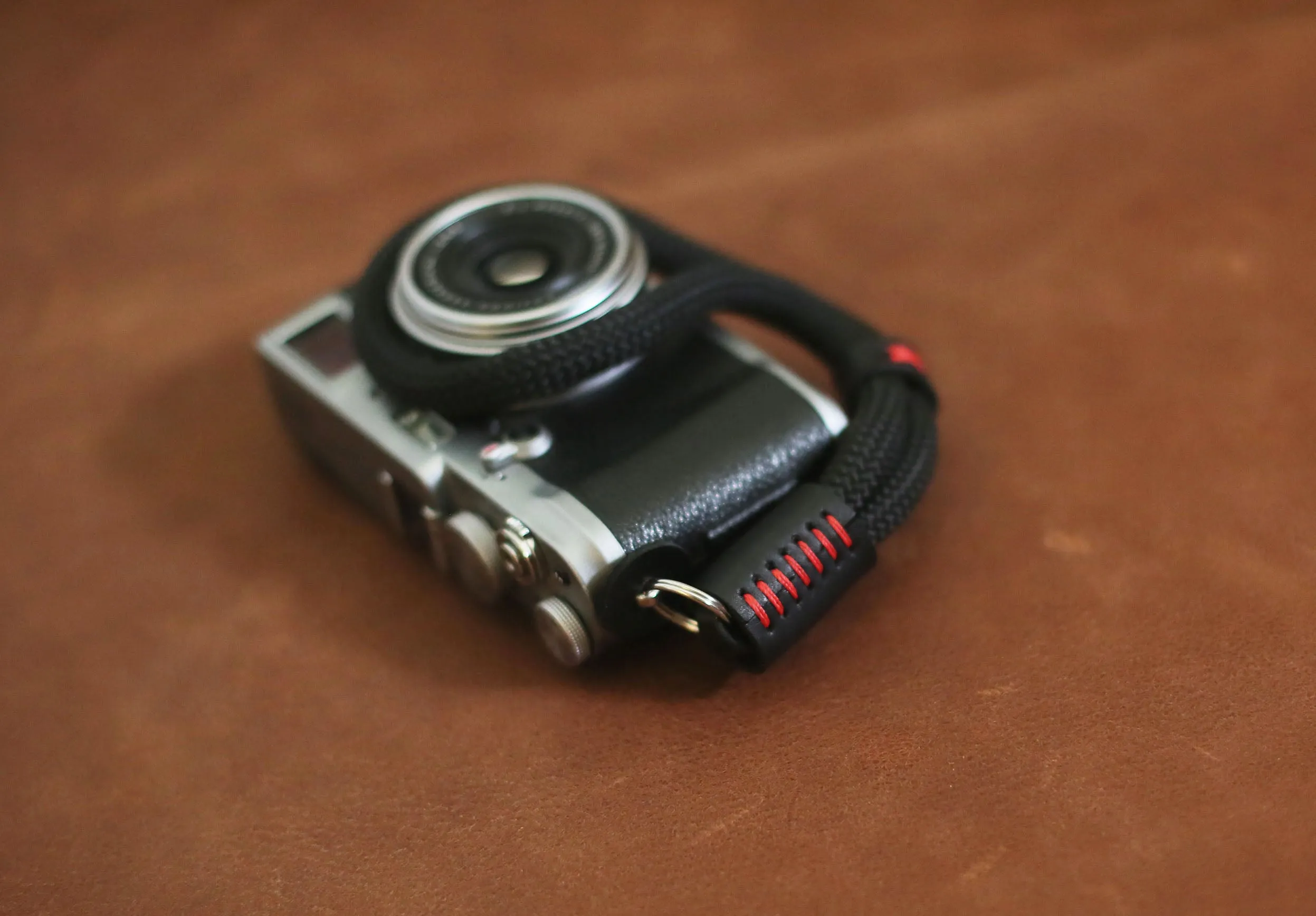 hypoallergenic Handmade Black Rope Camera Wrist Strap ?C 10mm with Red Stitching