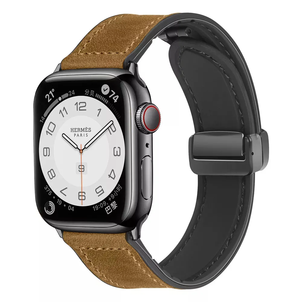 Everyday Comfort Secure Buckle Apple Watch D-Buckle Leather Strap (Light Brown)