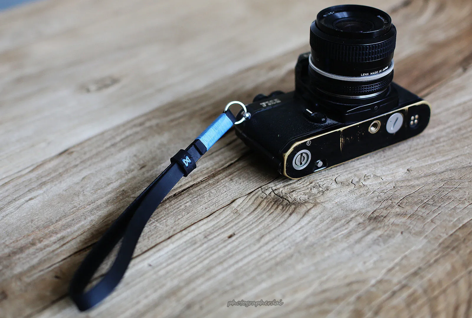 Black leather handmade camera wrist strap band sky blue | windmup.com backpacking