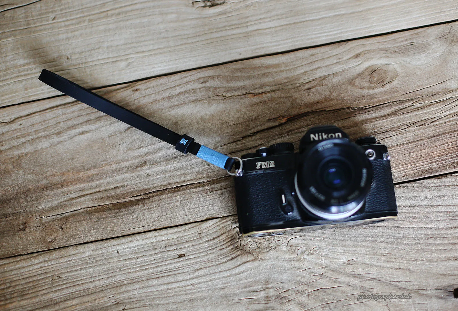 Black leather handmade camera wrist strap band sky blue | windmup.com Metal Clip Unisex Lanyard