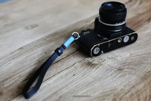 Black leather handmade camera wrist strap band sky blue | windmup.com backpacking