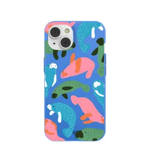 Electric Blue Sea Cows iPhone 14/16e Case Impact shield Raised Bezels
