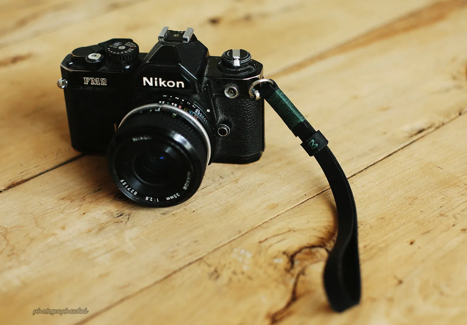 nylon Black leather handmade camera wrist band strap dark green | Windmup.com