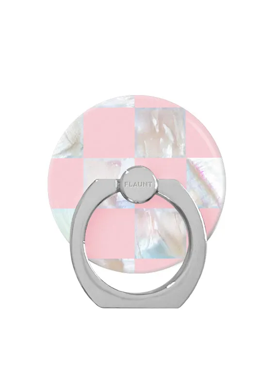 Premium Finger Spin Comfortable Use Pink Checkered Mother of Pearl Adhesive Phone Ring Stand