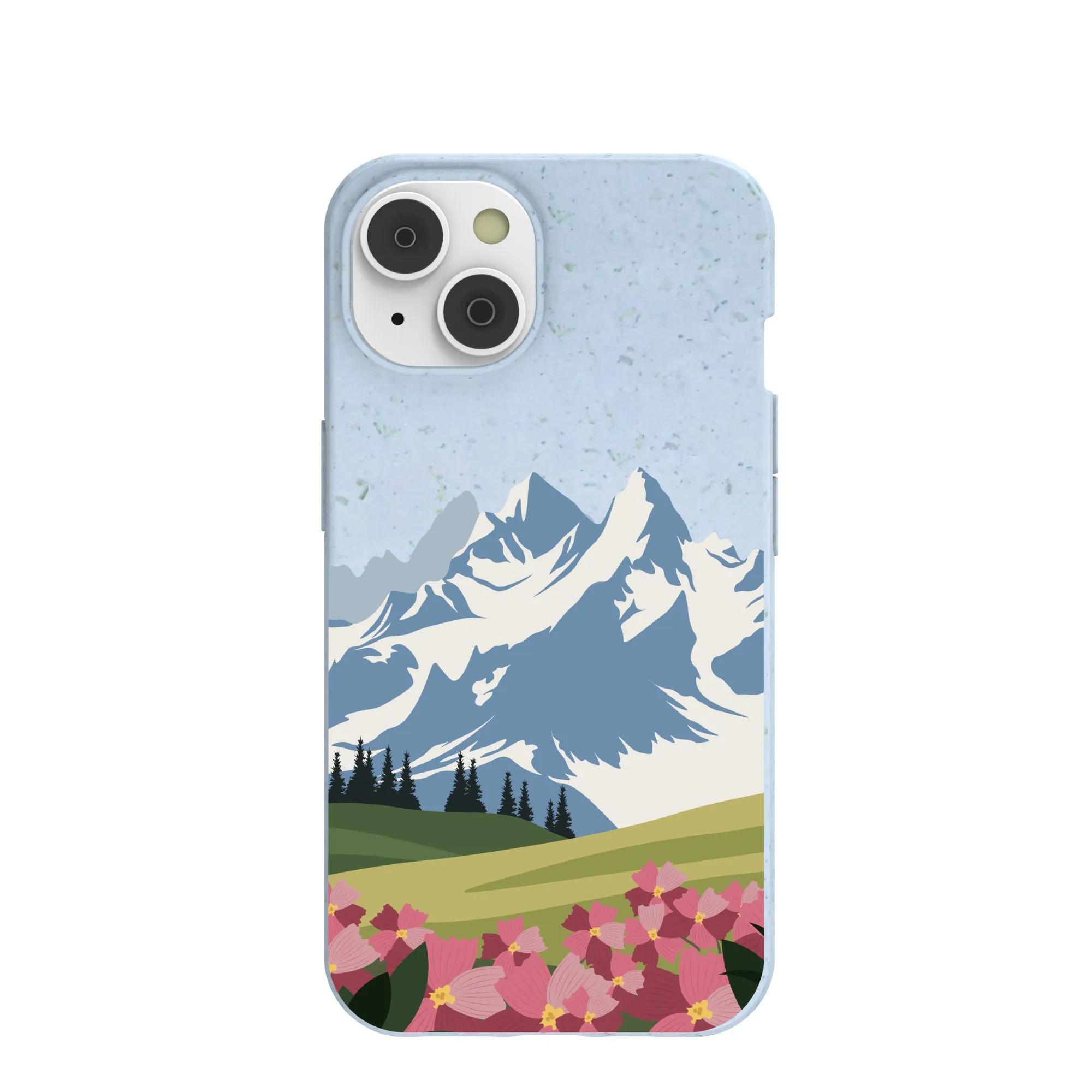 Soft Design Smooth Look Texture Powder Blue Mountains and Blooms iPhone 14/16e Case