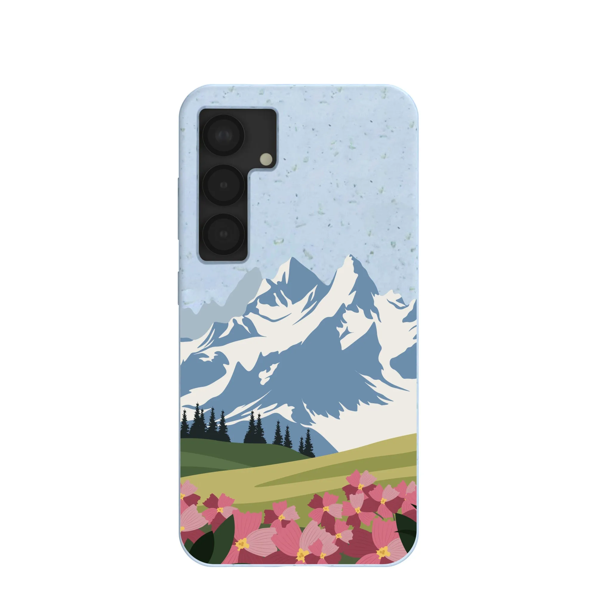 Stylish frame Protective Detailing Edge Powder Blue Mountains and Blooms Samsung Galaxy S25 Case