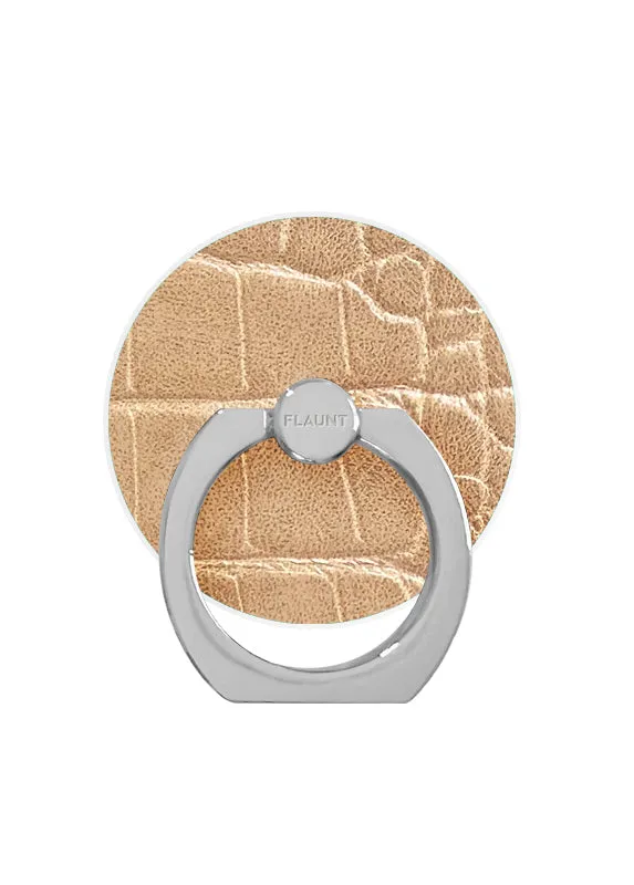 Tan Crocodile Faux Leather Adhesive Phone Ring Stand Rotating Desk Dock Durable Spin Grip