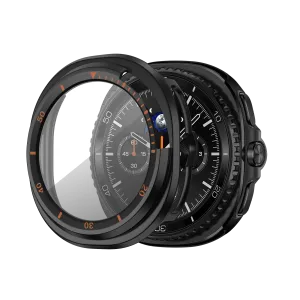 Light Armor Shield Scratch Armor Shielding Bandz Samsung Galaxy Watch 8 Classic Bezel Cover with Glass (Black/Orange)