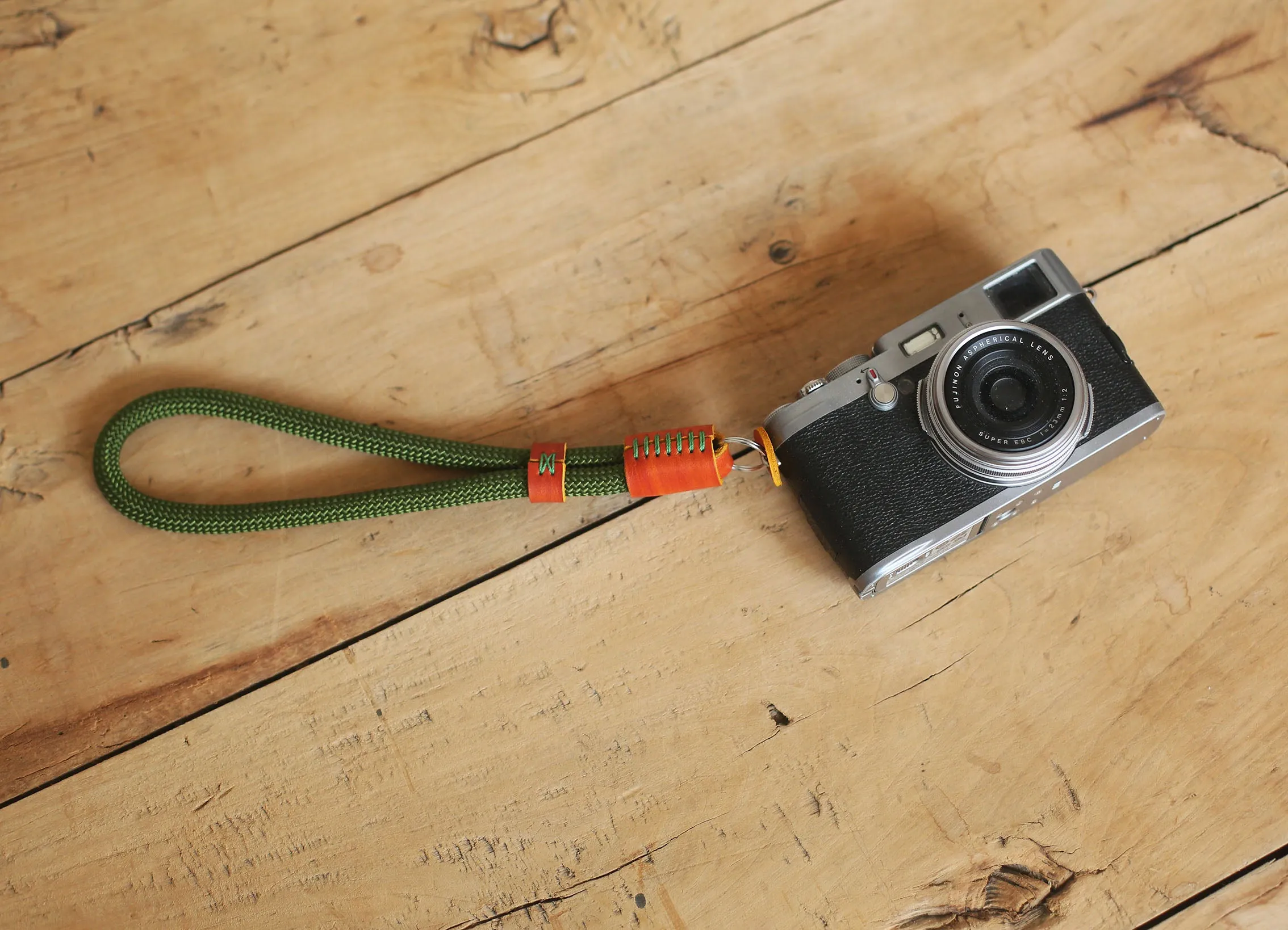 Leather Cycling use Handmade Camera Wrist Strap Olive Green  ?C Climbing Rope & Hand-Dyed Leather