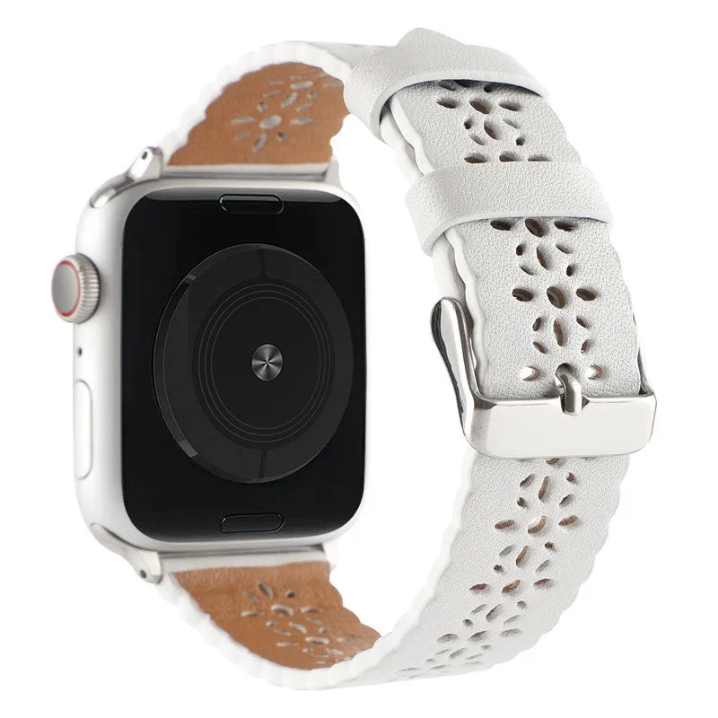 Breathable Construction Apple Watch Patterned Leather Strap (White)